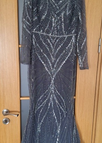 Boncuk İşlemeli Uzun Antrasit Abiye Elbise - Görsel 7