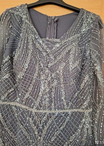 Boncuk İşlemeli Uzun Antrasit Abiye Elbise - Görsel 5