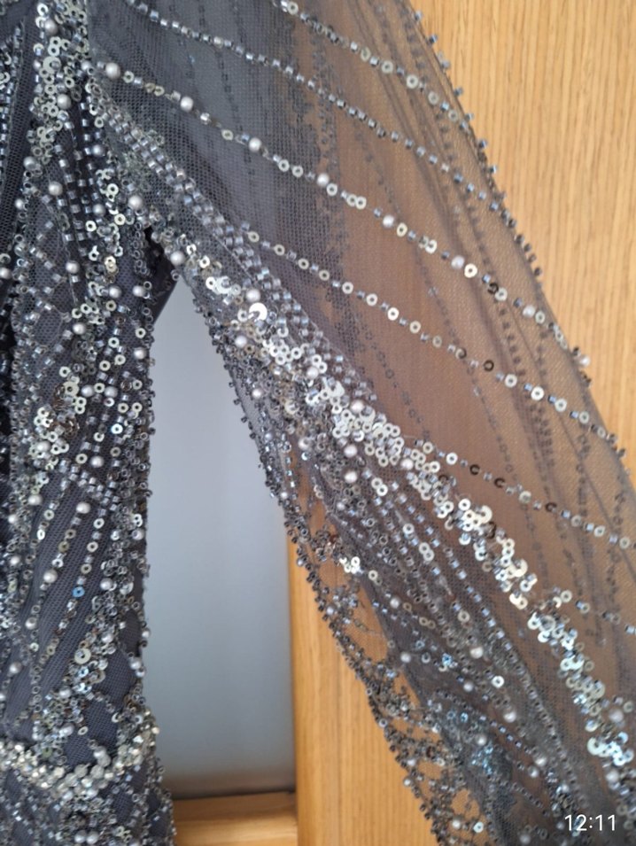 Boncuk İşlemeli Uzun Antrasit Abiye Elbise - Görsel 4