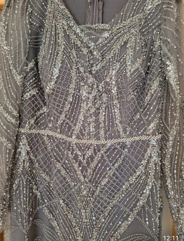 Boncuk İşlemeli Uzun Antrasit Abiye Elbise - Görsel 3