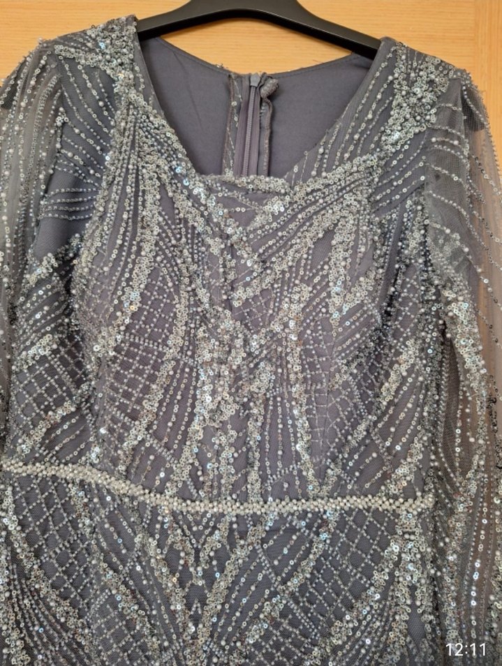 Boncuk İşlemeli Uzun Antrasit Abiye Elbise - Görsel 5