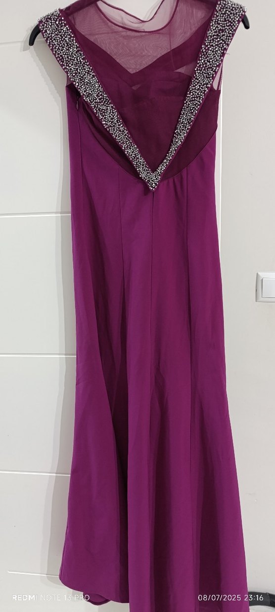 Mor V Yaka Uzun Abiye Elbise - Görsel 2