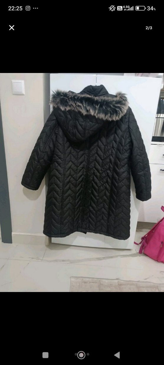 Siyah Uzun Kadın Kışlık Mont Kürklü Kapüşon - Görsel 2