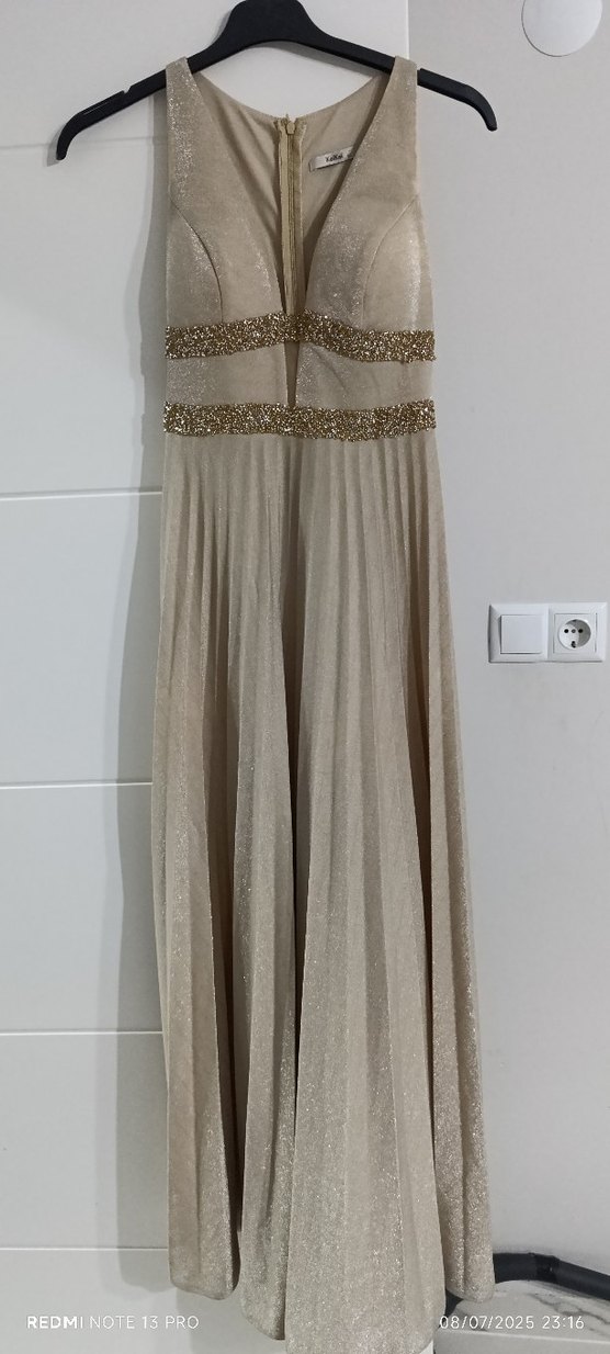 Bej Pilili Uzun Abiye Elbise - Görsel 2