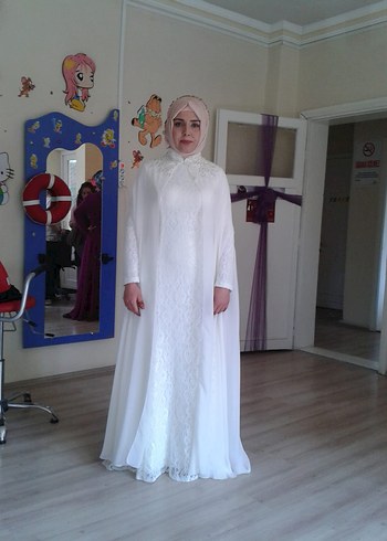 Uzun Beyaz Yüksek Yaka Tesettür Gelinlik - Görsel 2
