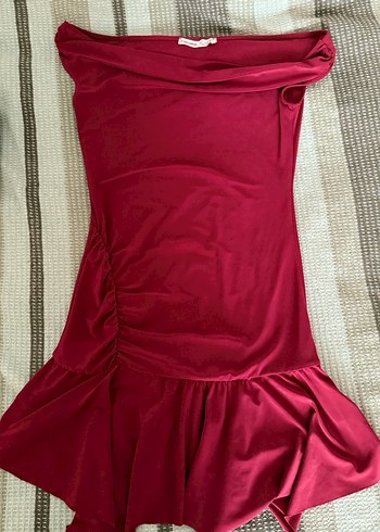 Bordo Drapeli Straplez Midi Elbise