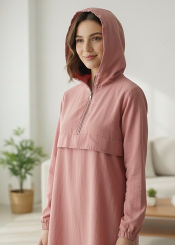 Kadın Pembe Kapüşonlu Mini Tunik