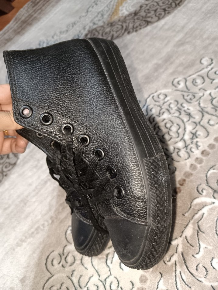 Siyah Deri Bağcıklı  Topuklu Spor Ayakkabı - Görsel 2