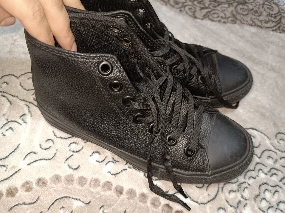 Siyah Deri Bağcıklı  Topuklu Spor Ayakkabı - Görsel 3