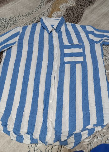 Mavi Çizgili V Yaka Kadın Gömlek - Görsel 5