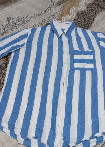 Mavi Çizgili V Yaka Kadın Gömlek - Görsel 4