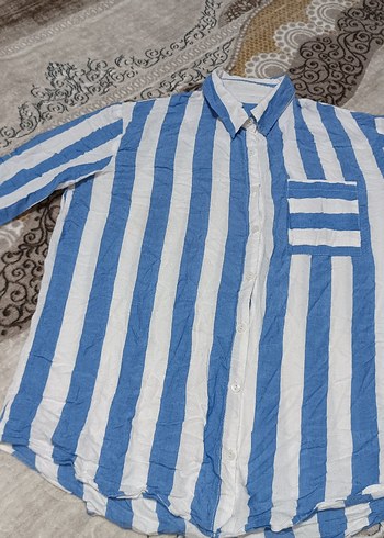 Mavi Çizgili V Yaka Kadın Gömlek - Görsel 3