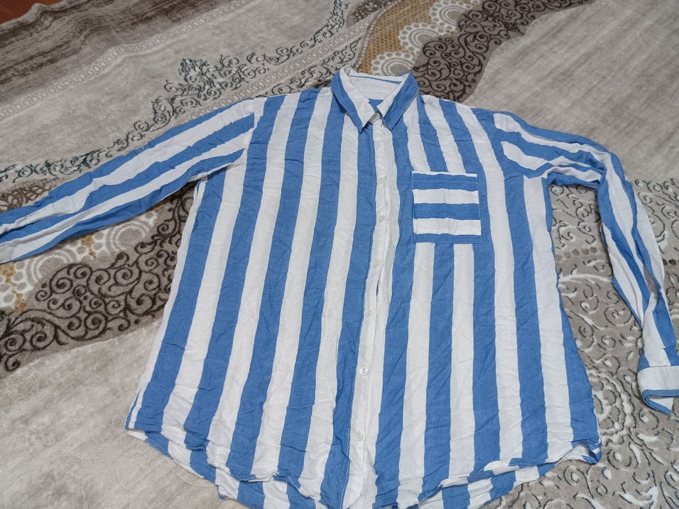 Mavi Çizgili V Yaka Kadın Gömlek - Görsel 4