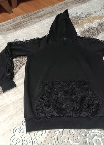 Siyah Dantelli Kadın Sweatshirt - Görsel 7
