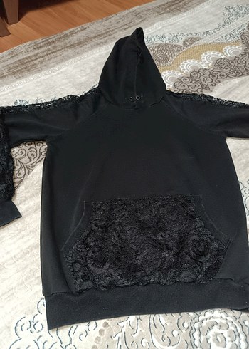 Siyah Dantelli Kadın Sweatshirt - Görsel 6