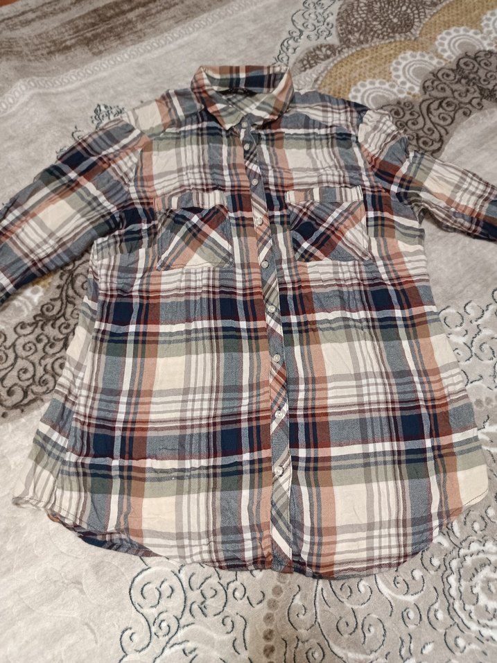 Kadın Çok Renkli Ekose Düğmeli Gömlek - Görsel 5