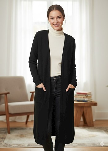 Kadın Siyah Uzun Triko Hırka - Görsel 2