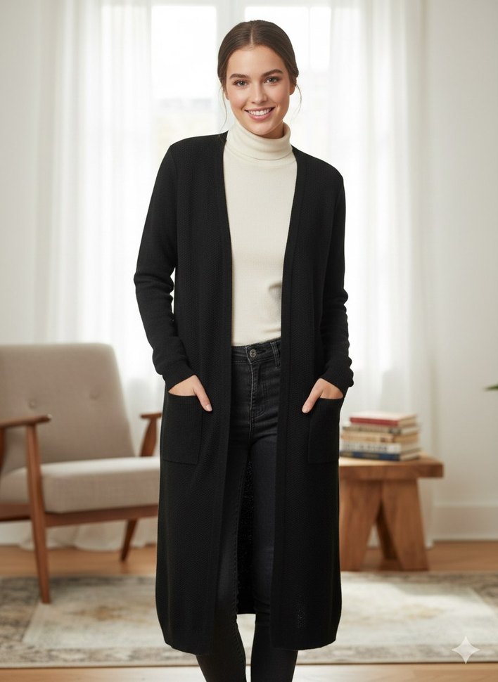 Kadın Siyah Uzun Triko Hırka - Görsel 2