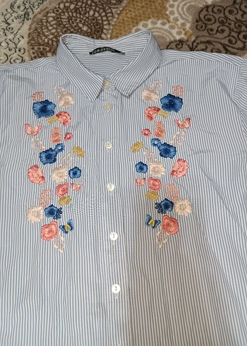 Nakışlı Mavi Pamuklu Uzun Kollu Gömlek - Görsel 5