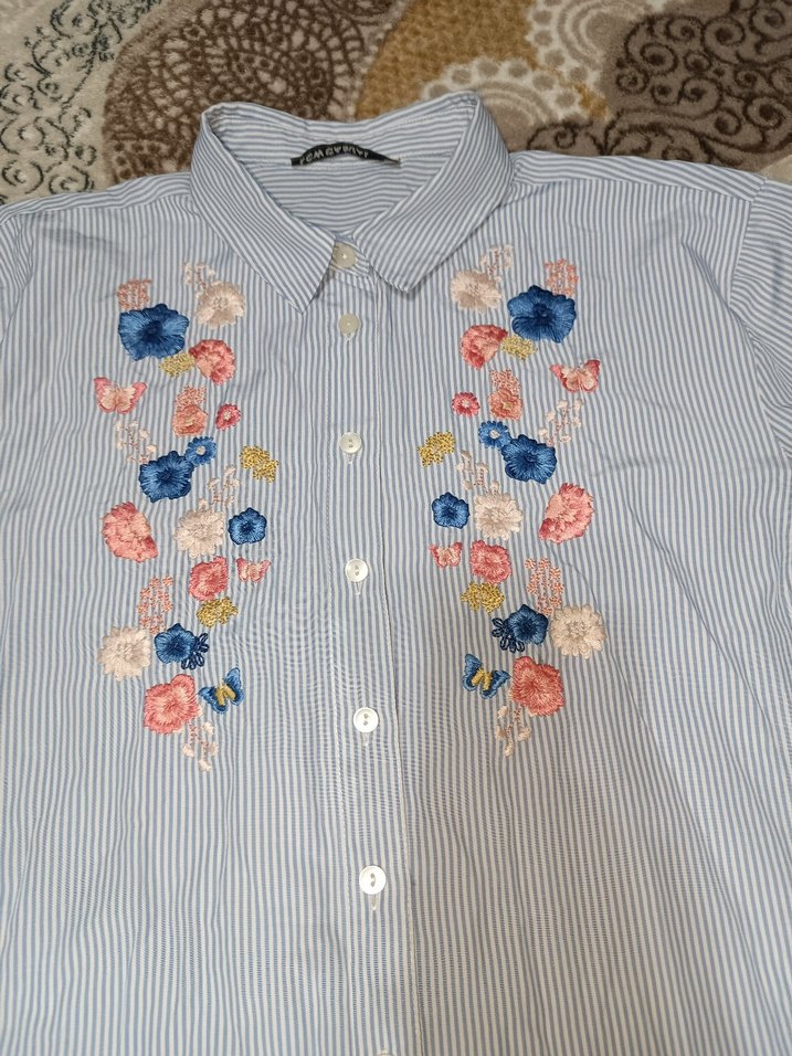 Nakışlı Mavi Pamuklu Uzun Kollu Gömlek - Görsel 5