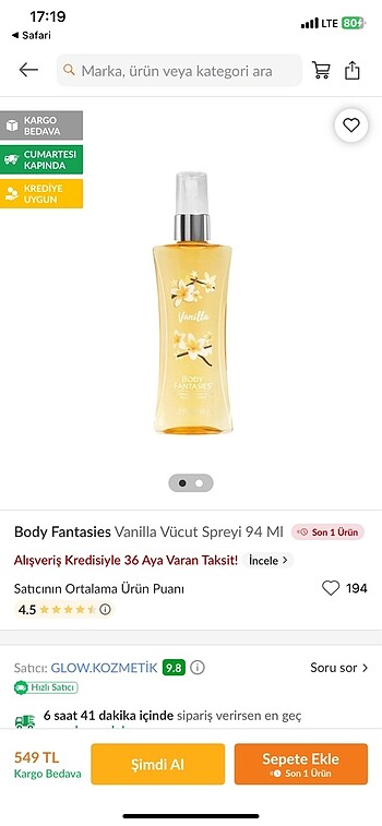Diğer Body Fantasies Vanilla Vücut Spreyi 94ml