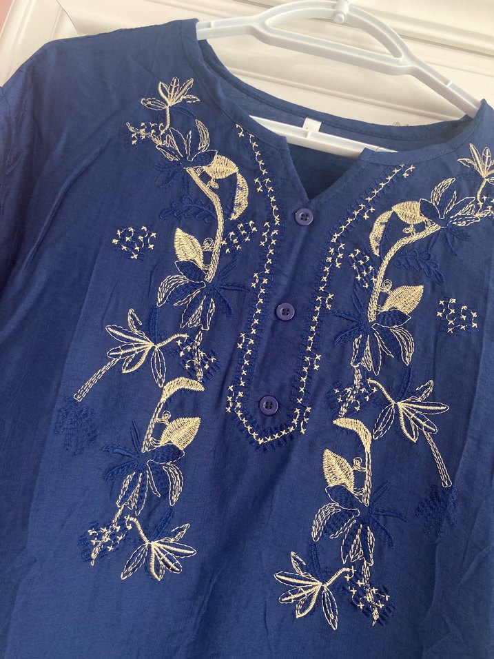 Nakışlı Mavi Bohem Kadın Bluz - Görsel 2