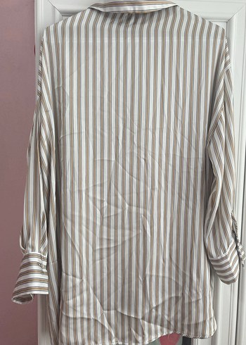 Bej Çizgili Uzun Kollu Kadın Gömlek - Görsel 4