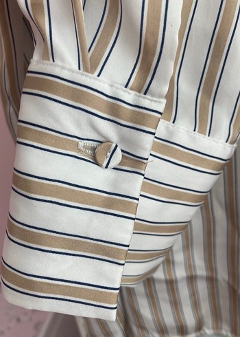 Bej Çizgili Uzun Kollu Kadın Gömlek - Görsel 5