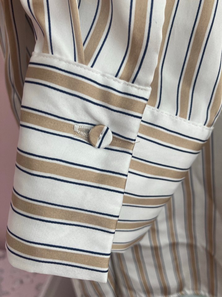 Bej Çizgili Uzun Kollu Kadın Gömlek - Görsel 5