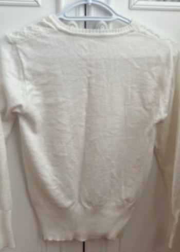 V Yaka Uzun Kollu Örgü Beyaz Kadın Kazak - Görsel 3