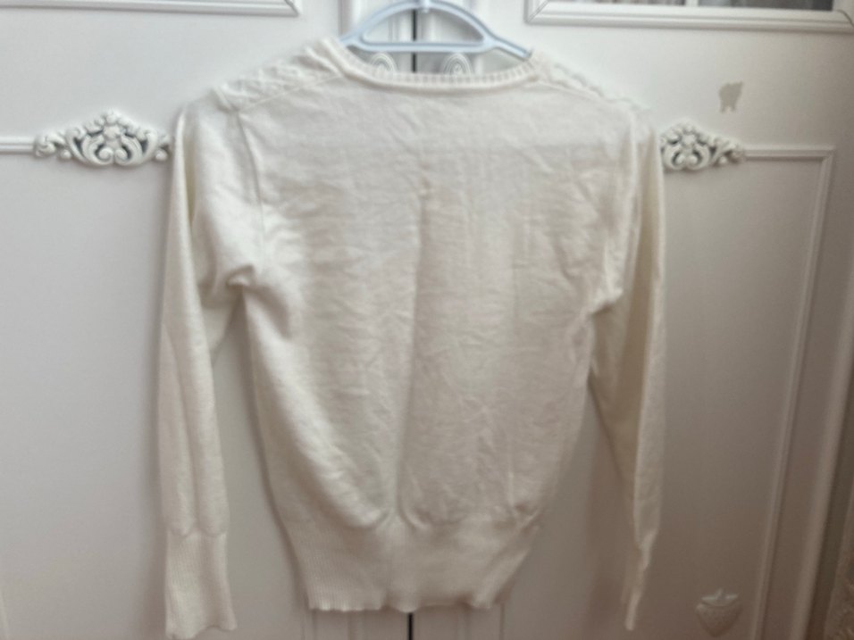 V Yaka Uzun Kollu Örgü Beyaz Kadın Kazak - Görsel 3