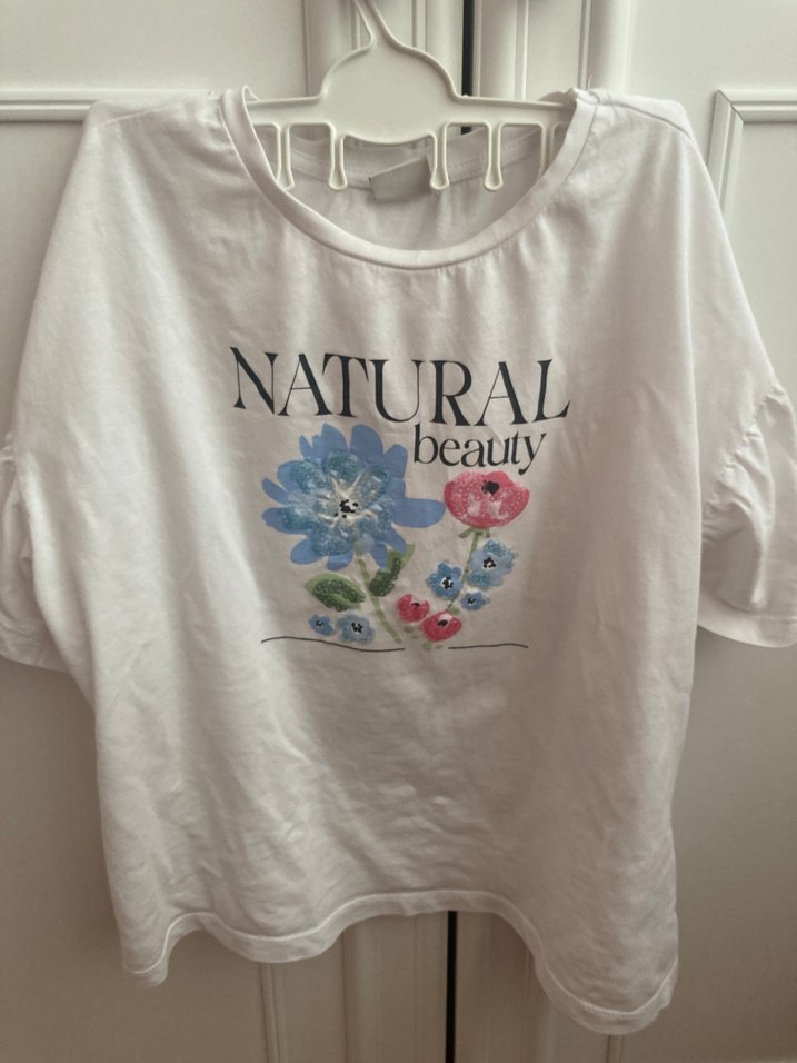 Beyaz Baskılı Kız Tişörtü, Pamuk, Kısa Kollu - Görsel 2