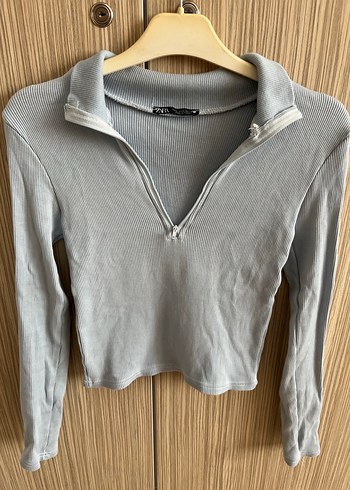 Mavi V Yaka Fermuarlı Kadın Bluz - Görsel 2