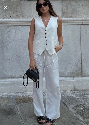 Beyaz Rahat Kesim Keten Kadın Pantolon - Görsel 5