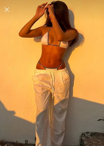 Beyaz Rahat Kesim Keten Kadın Pantolon - Görsel 6