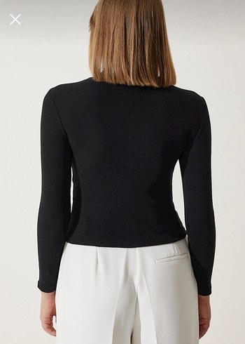 Siyah boyun detaylı fitilli örme bluz - Görsel 6