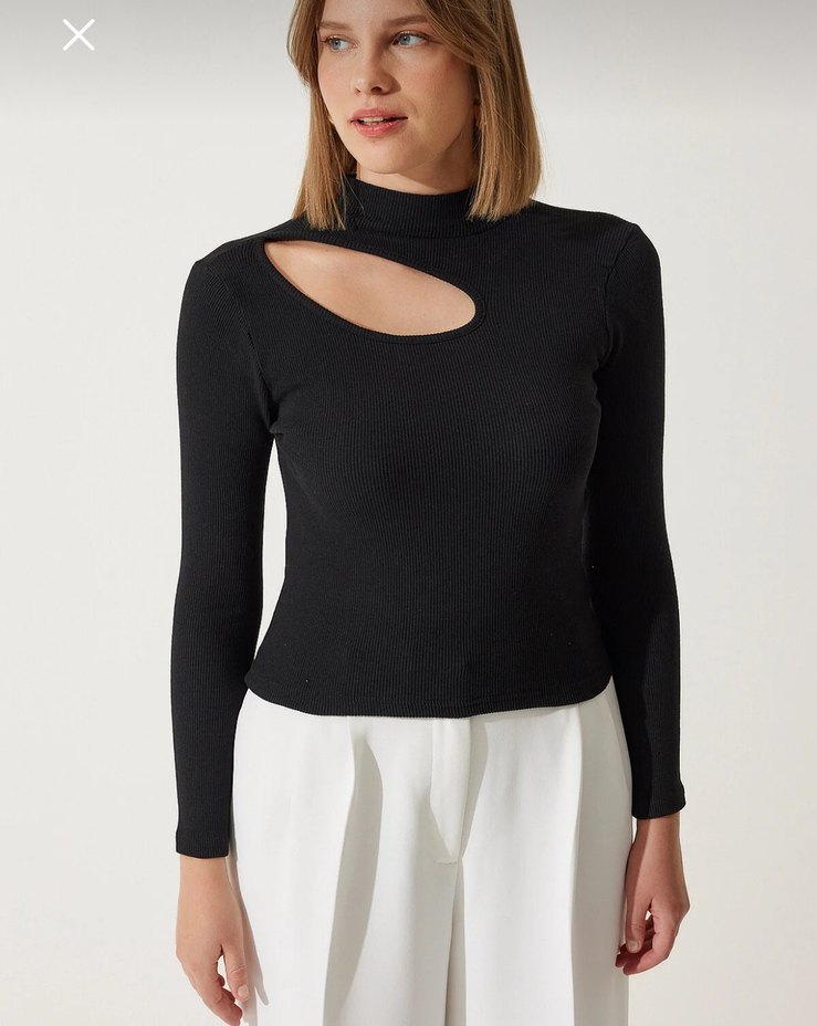 Siyah boyun detaylı fitilli örme bluz - Görsel 4