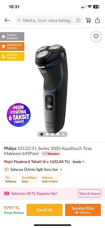 Philips aquatouch S3122 ıslak kuru tıraş makinesi