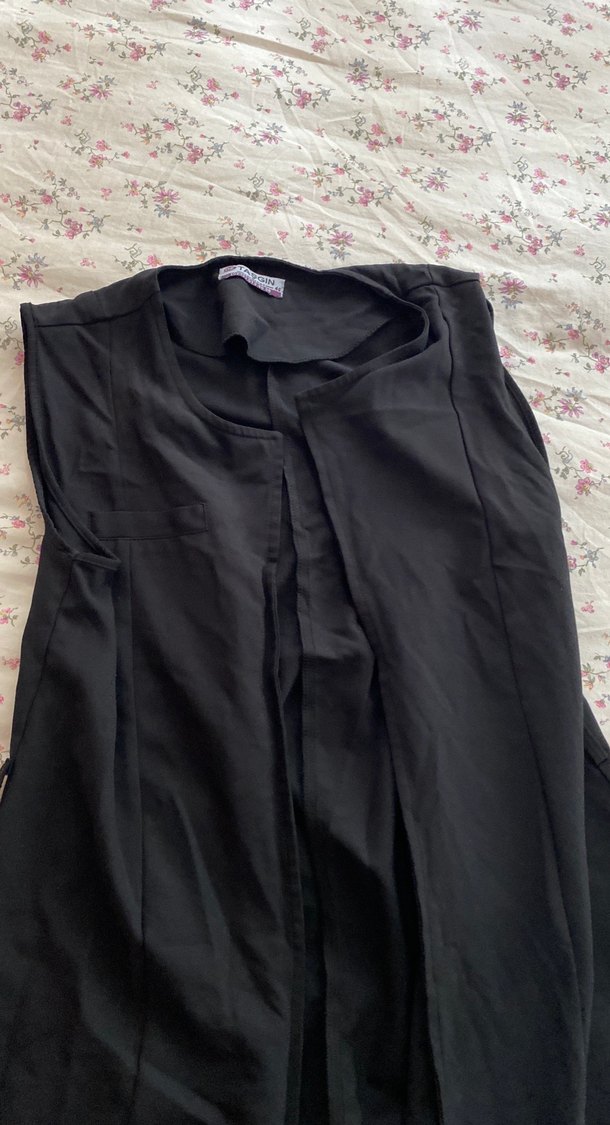 Drapeli Siyah Uzun Kadın Kumaş yelek - Görsel 2