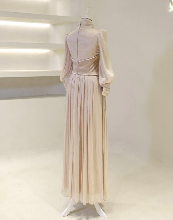 Uzun Bej Drapeli Kadın Abiye Elbise 40 42 beden uyumlu - Görsel 3