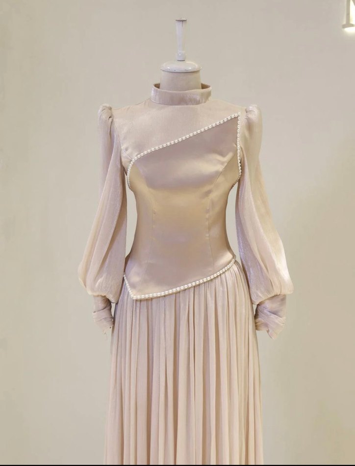 Uzun Bej Drapeli Kadın Abiye Elbise 40 42 beden uyumlu - Görsel 2