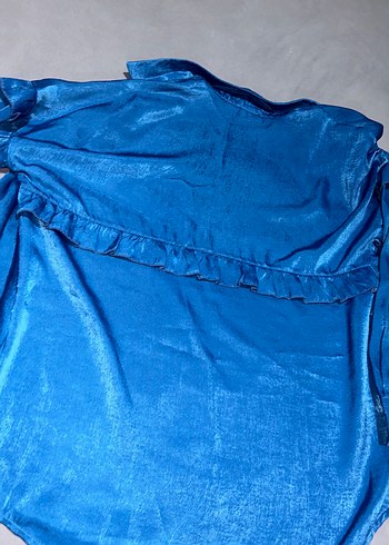 Düğmeli Mavi Uzun Kollu Saten Gömlek - Görsel 5