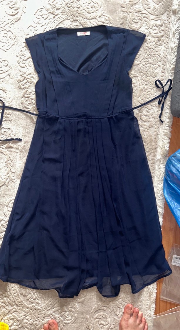 Lacivert Drapeli V Yaka hamile Midi Elbise - Görsel 2