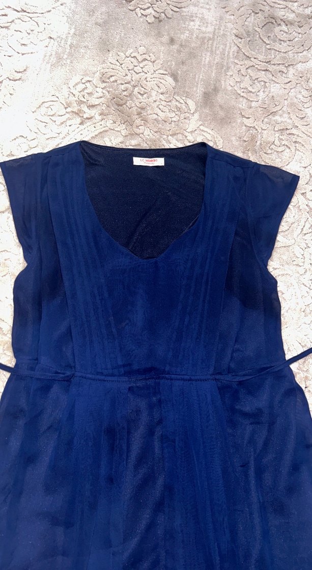 Lacivert Drapeli V Yaka hamile Midi Elbise - Görsel 3