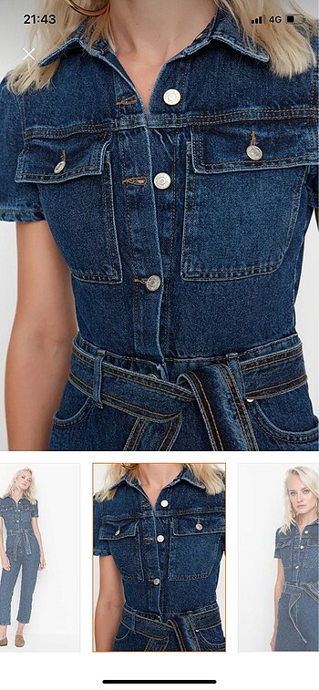 Mavi kemerli denim tulum