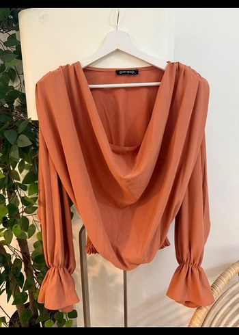 Camel Renk Drapeli V Yaka Kadın Bluz - Görsel 4