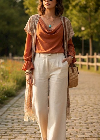 Camel Renk Drapeli V Yaka Kadın Bluz - Görsel 2