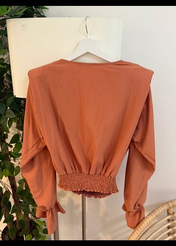 Camel Renk Drapeli V Yaka Kadın Bluz - Görsel 8