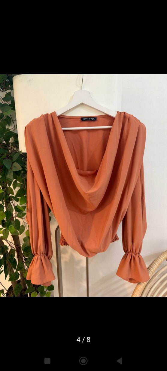 Camel Renk Drapeli V Yaka Kadın Bluz - Görsel 4