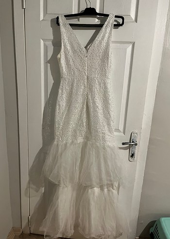 V Yaka Kolsuz Beyaz Balık Abiye - Görsel 3